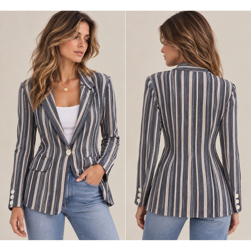 Vintage 90s Judy Knapp California Blazer Large Navy Ivory Stripe Rayon USA